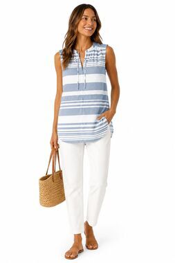 PrAna Women's Sleeveless Athleisure Tunic With Pockets White & Blue Striped / S